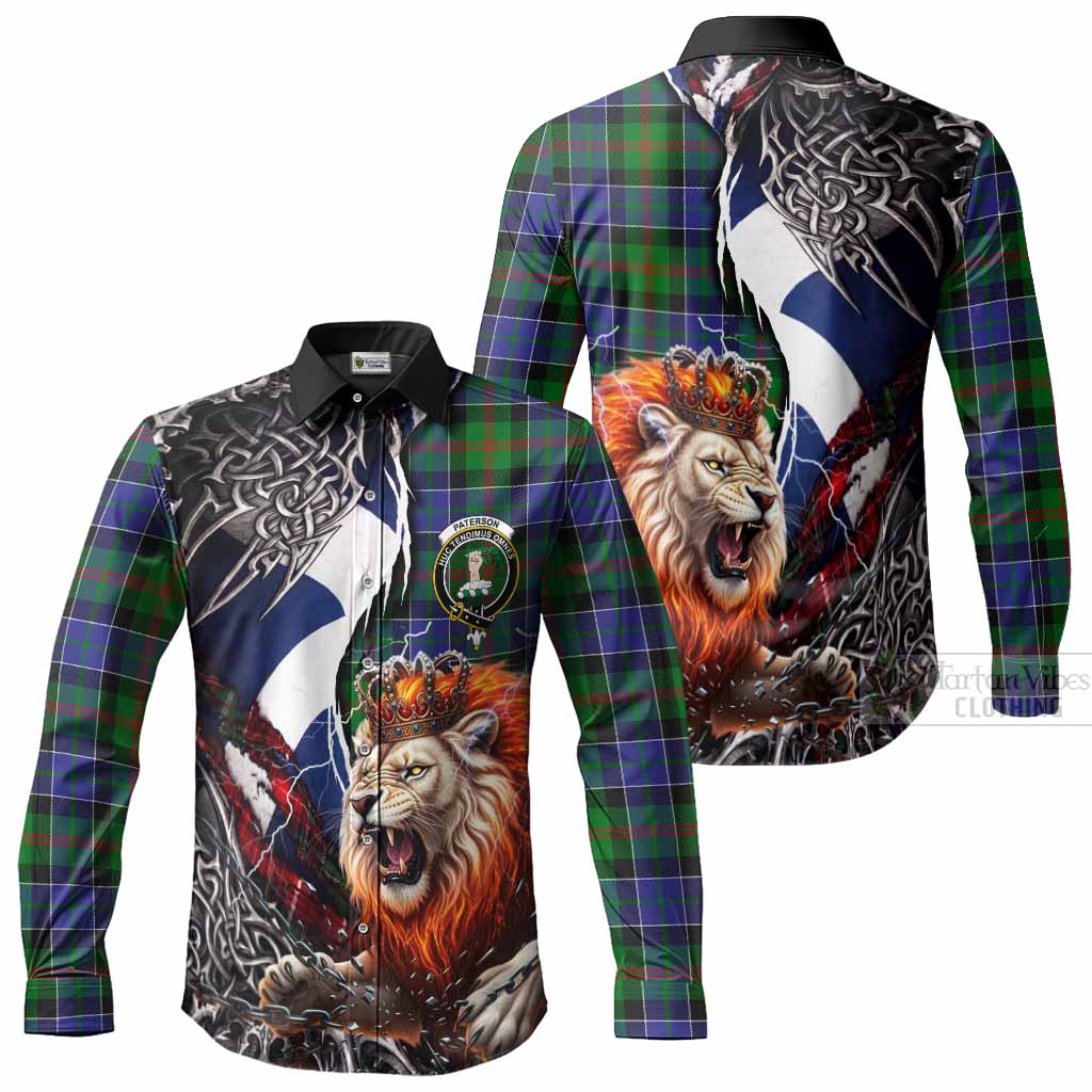 Paterson Tartan Crest Long Sleeve Button Shirts Heritage Flag Grunge Celtic Knot and Lion Rampant