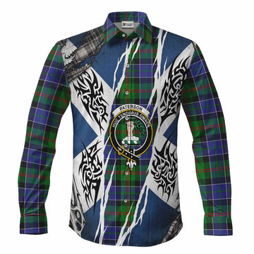 Paterson Tartan Crest Long Sleeve Button Shirts Scotland Flag Ripped Tribal Design