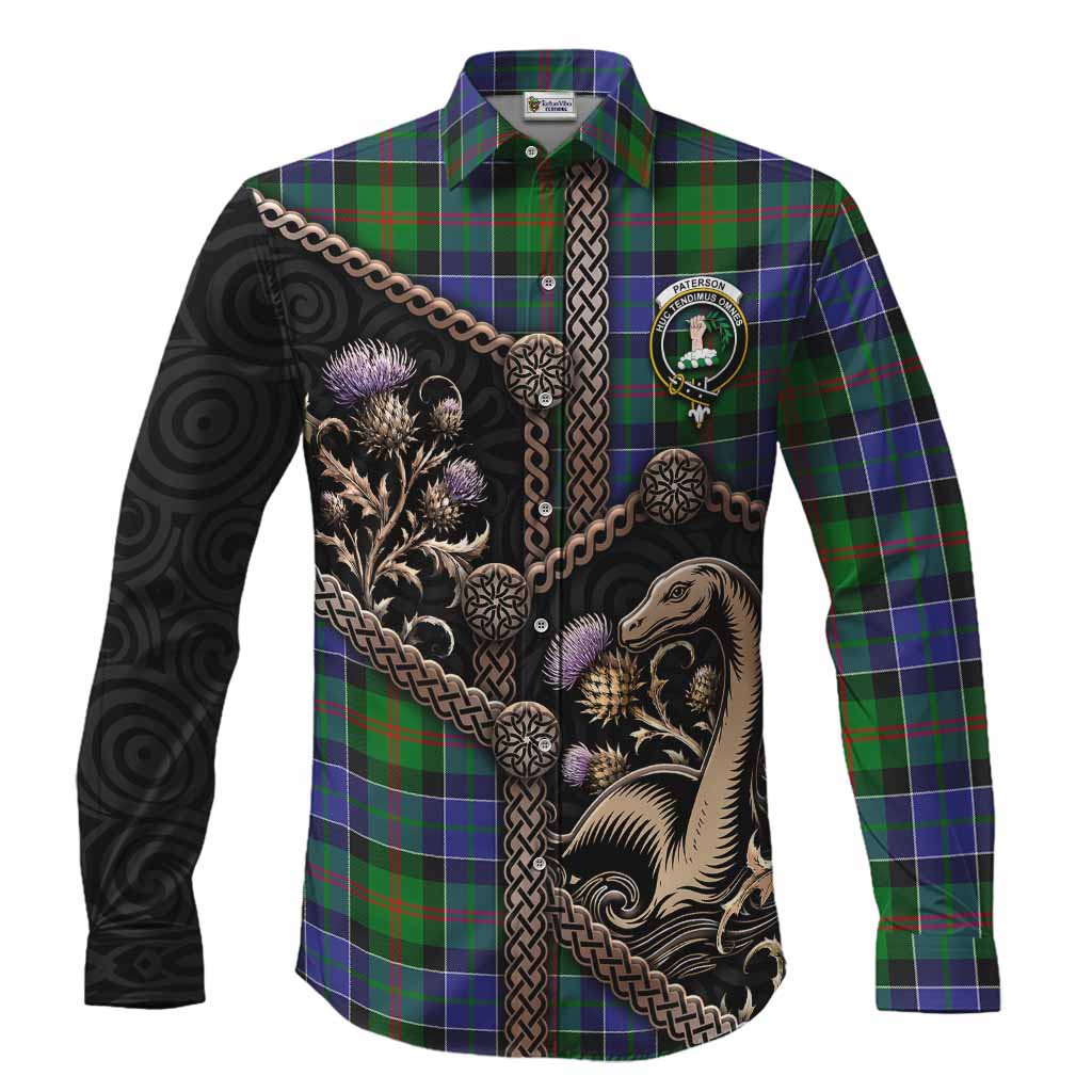 Paterson Tartan Crest Long Sleeve Button Shirts Scottish Thistle Loch Ness Monster