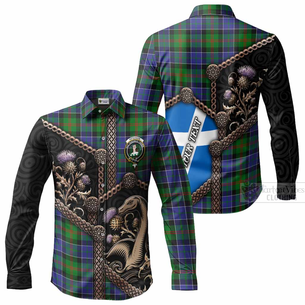 Paterson Tartan Crest Long Sleeve Button Shirts Scottish Thistle Loch Ness Monster