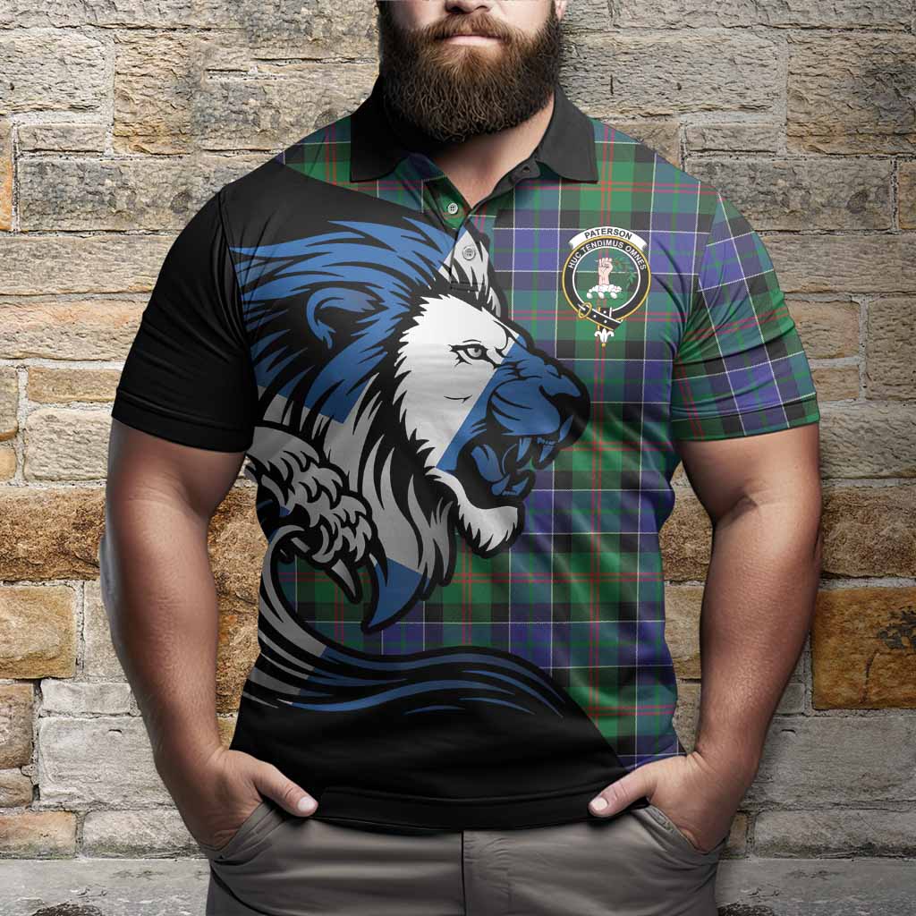 Paterson Tartan Crest Polo Shirt Scottish Golden Lions Wave Flow