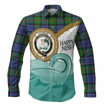 Paterson Tartan Crest Scottish Loch Ness Monster Long Sleeve Button Shirts Happy Ness Scotland Celtic Knot