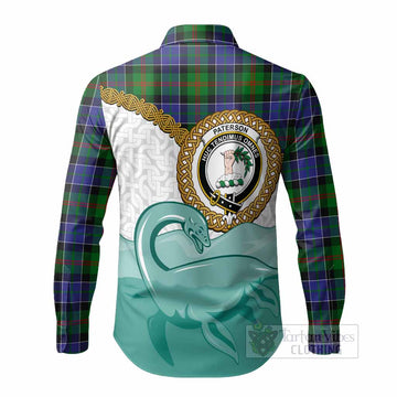 Paterson Tartan Crest Scottish Loch Ness Monster Long Sleeve Button Shirts Happy Ness Scotland Celtic Knot
