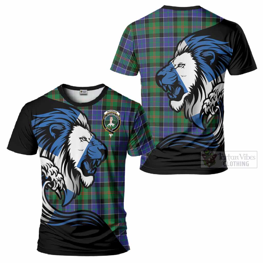 Paterson Tartan Crest T-Shirt Scottish Golden Lions Wave Flow