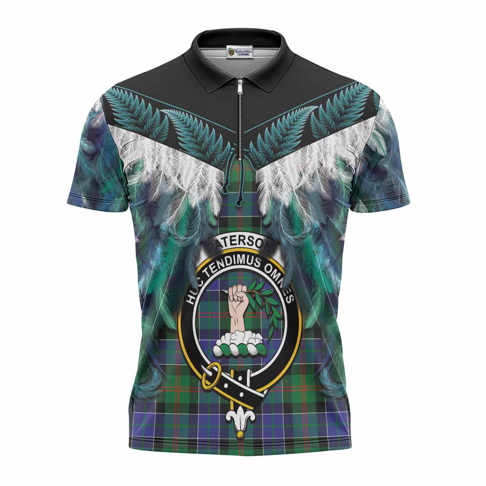 Paterson Tartan Crest Zipper Polo Shirt New Zealand Maori Korowai Cloak