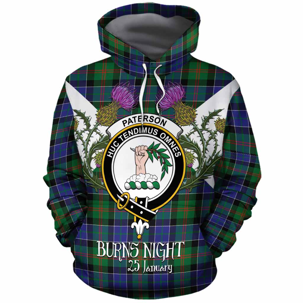 Paterson Tartan Family Crest Cotton Hoodie Scottish Burns Night Thistle Floral