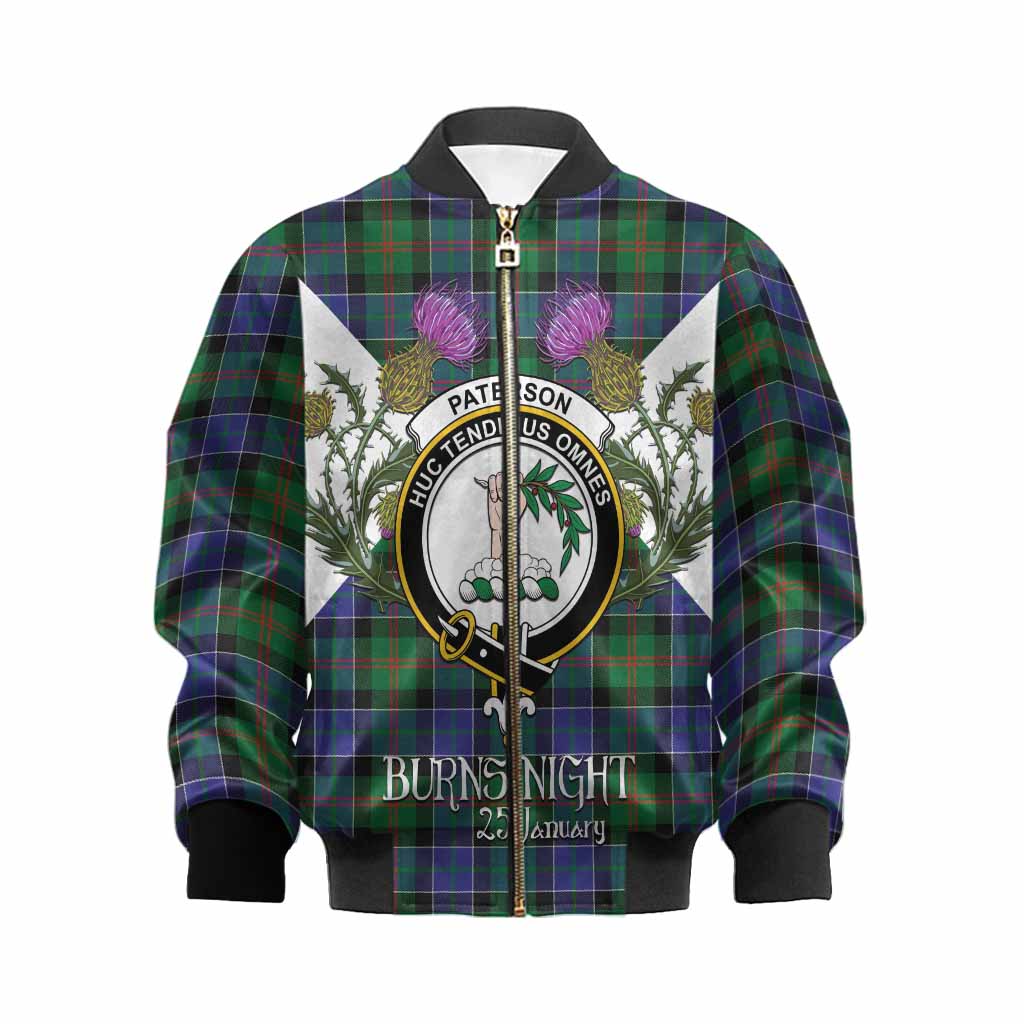 Paterson Tartan Family Crest Kid Bomber Jacket Scottish Burns Night Thistle Floral
