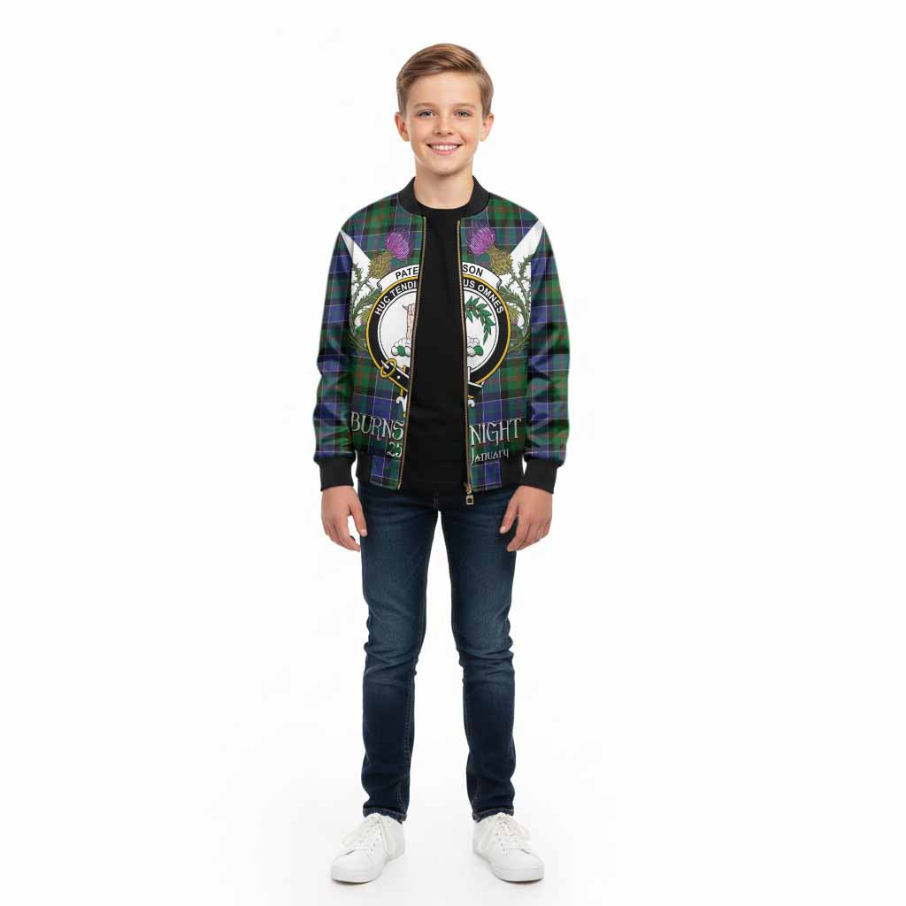 Paterson Tartan Family Crest Kid Bomber Jacket Scottish Burns Night Thistle Floral