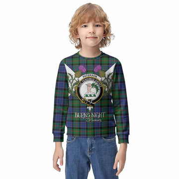 Paterson Tartan Family Crest Kid Knitted Sweatshirt Scottish Burns Night Thistle Floral