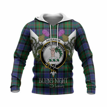 Paterson Tartan Family Crest Knitted Hoodie Scottish Burns Night Thistle Floral