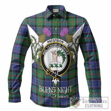 Paterson Tartan Family Crest Long Sleeve Button Shirts Scottish Burns Night Thistle Floral