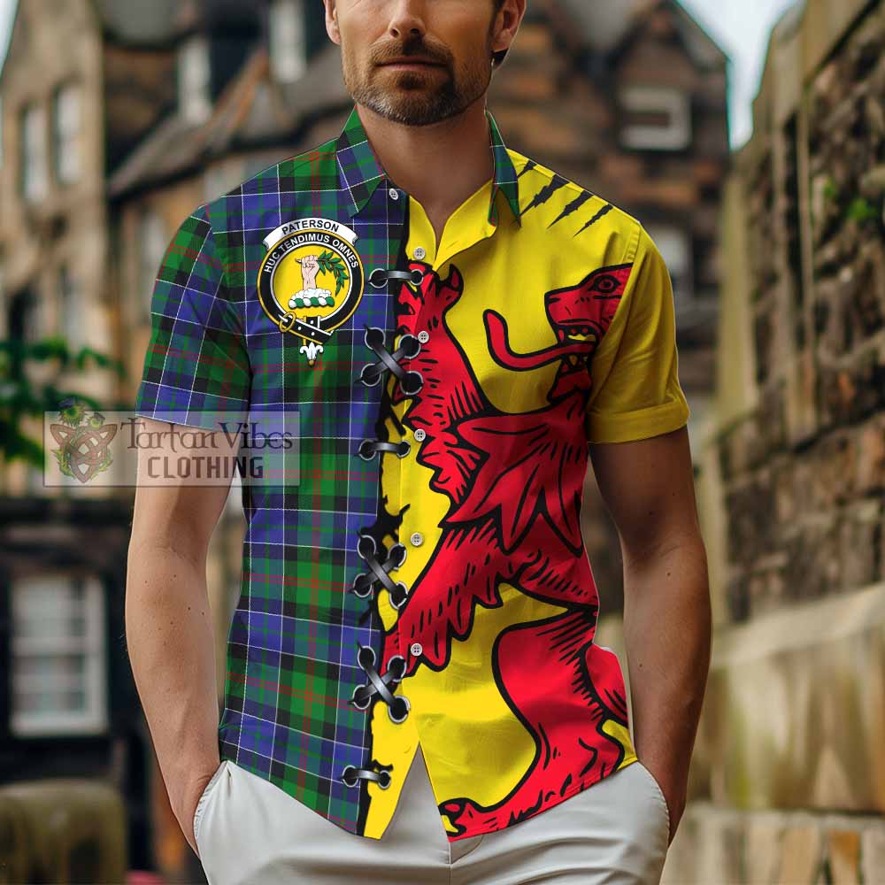 Paterson Tartan Family Crest Short Sleeve Button Shirt Lion Rampant Honor - Tartan Vibes Clothing