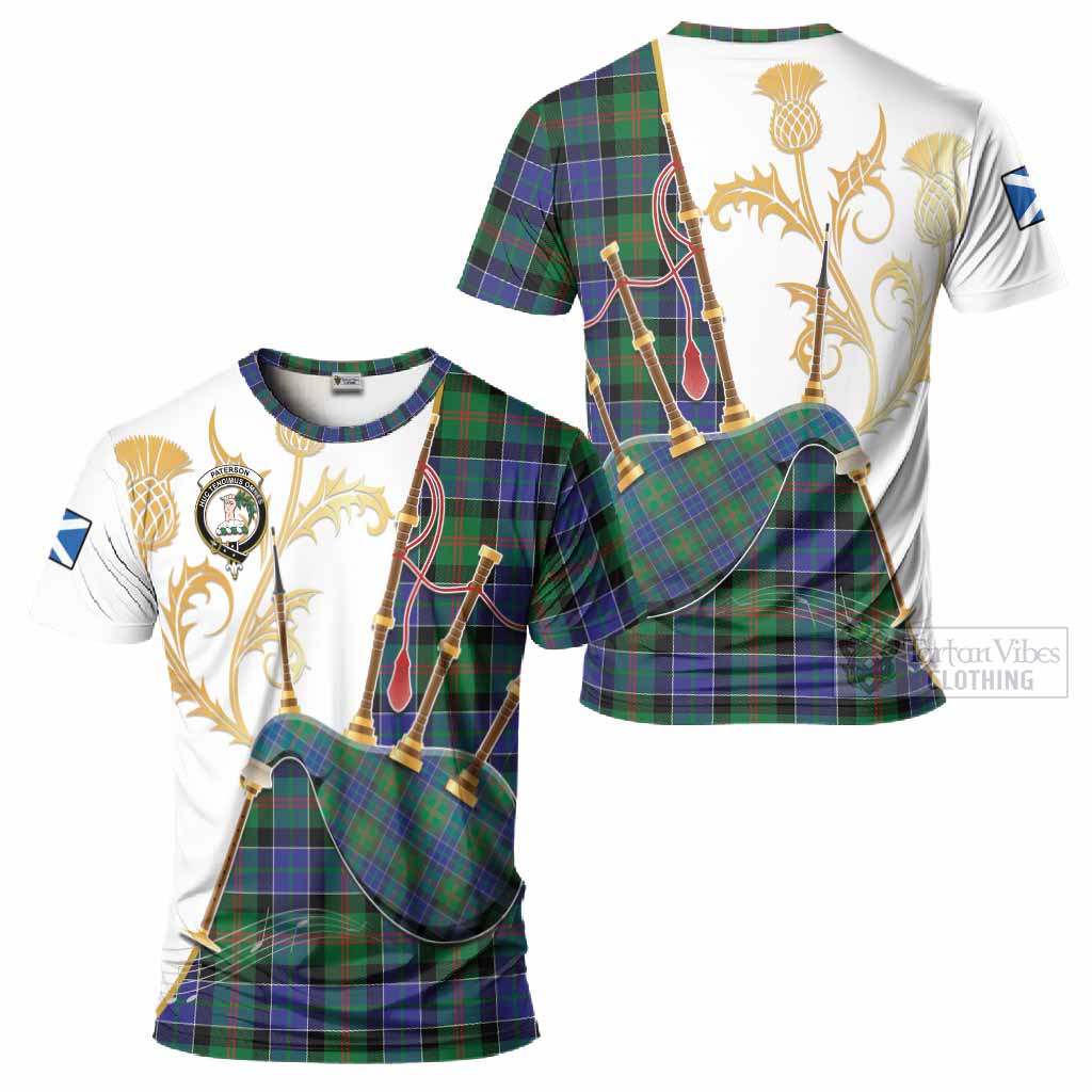 Paterson Tartan Family Crest T-Shirt Bagpipes with Scottish Thistle