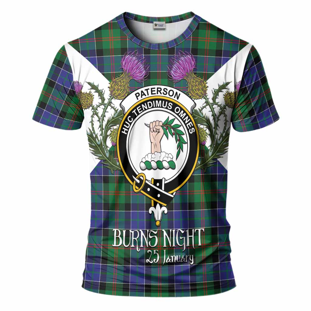 Paterson Tartan Family Crest T-Shirt Scottish Burns Night Thistle Floral