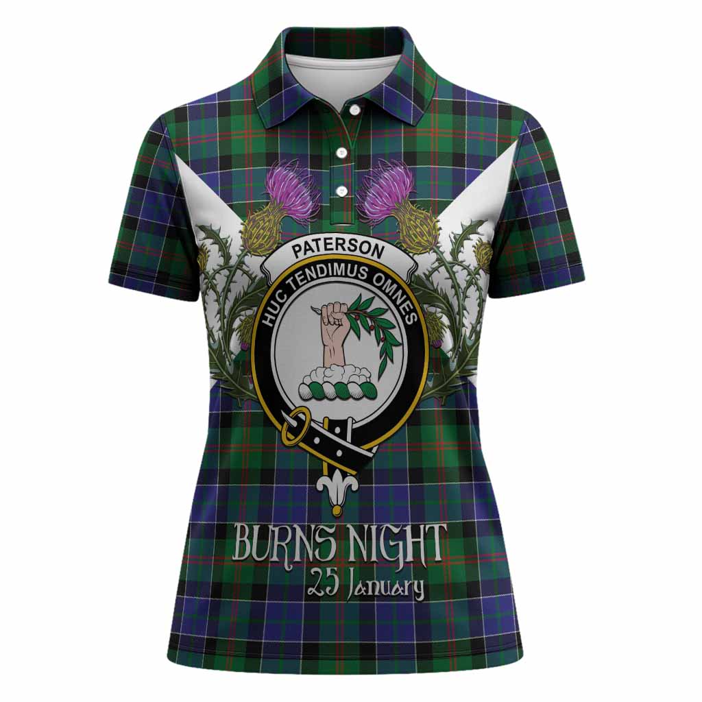 Paterson Tartan Family Crest Women Polo Shirt Scottish Burns Night Thistle Floral