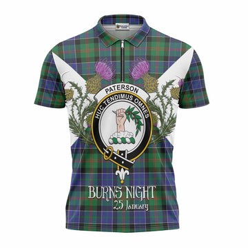 Paterson Tartan Family Crest Zipper Polo Shirt Scottish Burns Night Thistle Floral