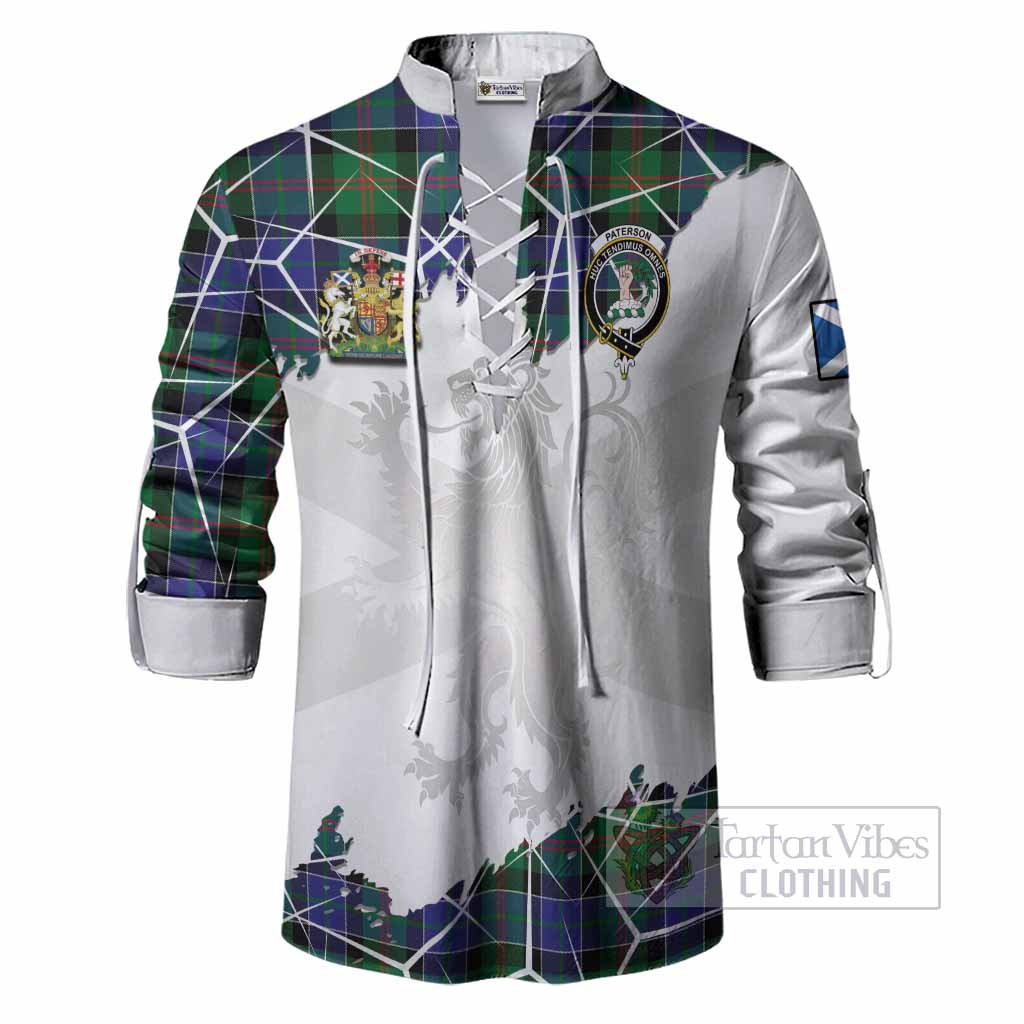 Paterson Tartan Ghillie Shirt with Family Crest and Lion Rampant Grunge Style
