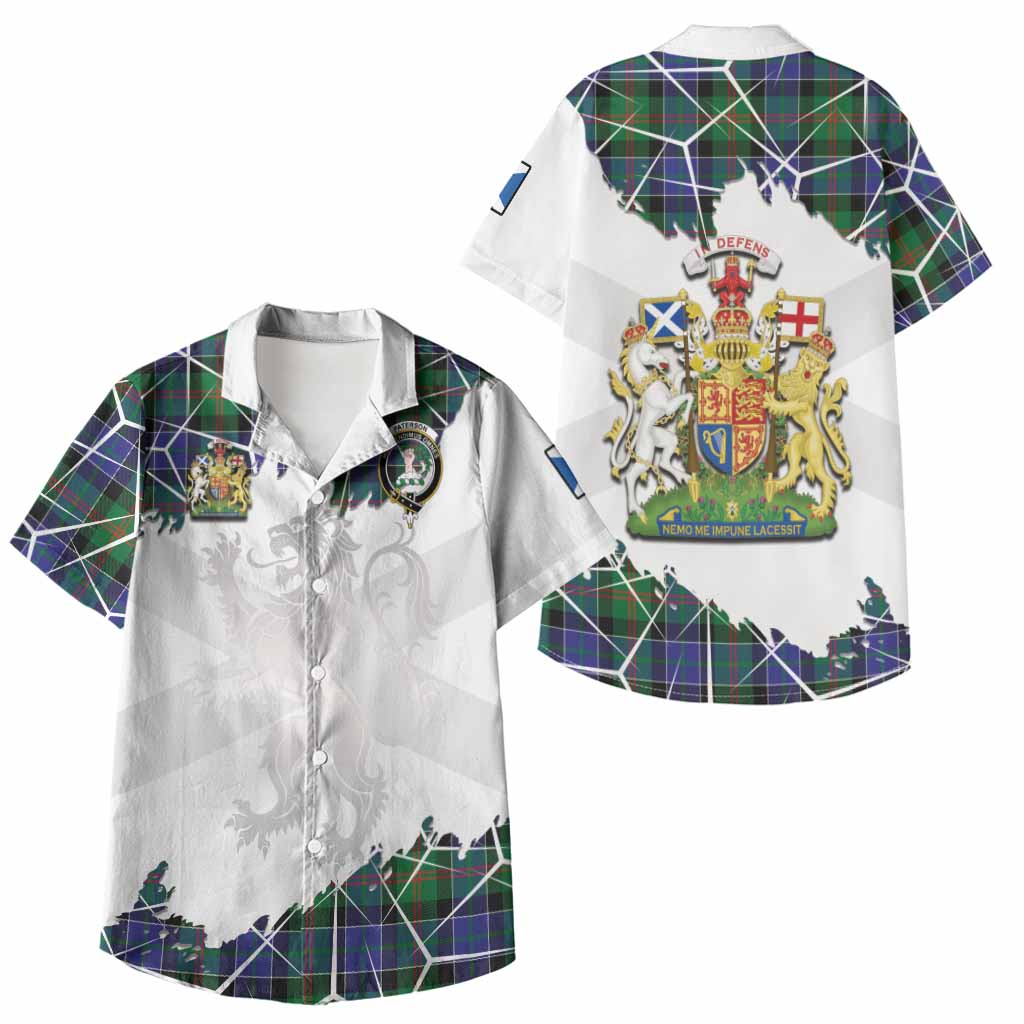 Paterson Tartan Kid Hawaiian Shirt with Family Crest and Lion Rampant Grunge Style