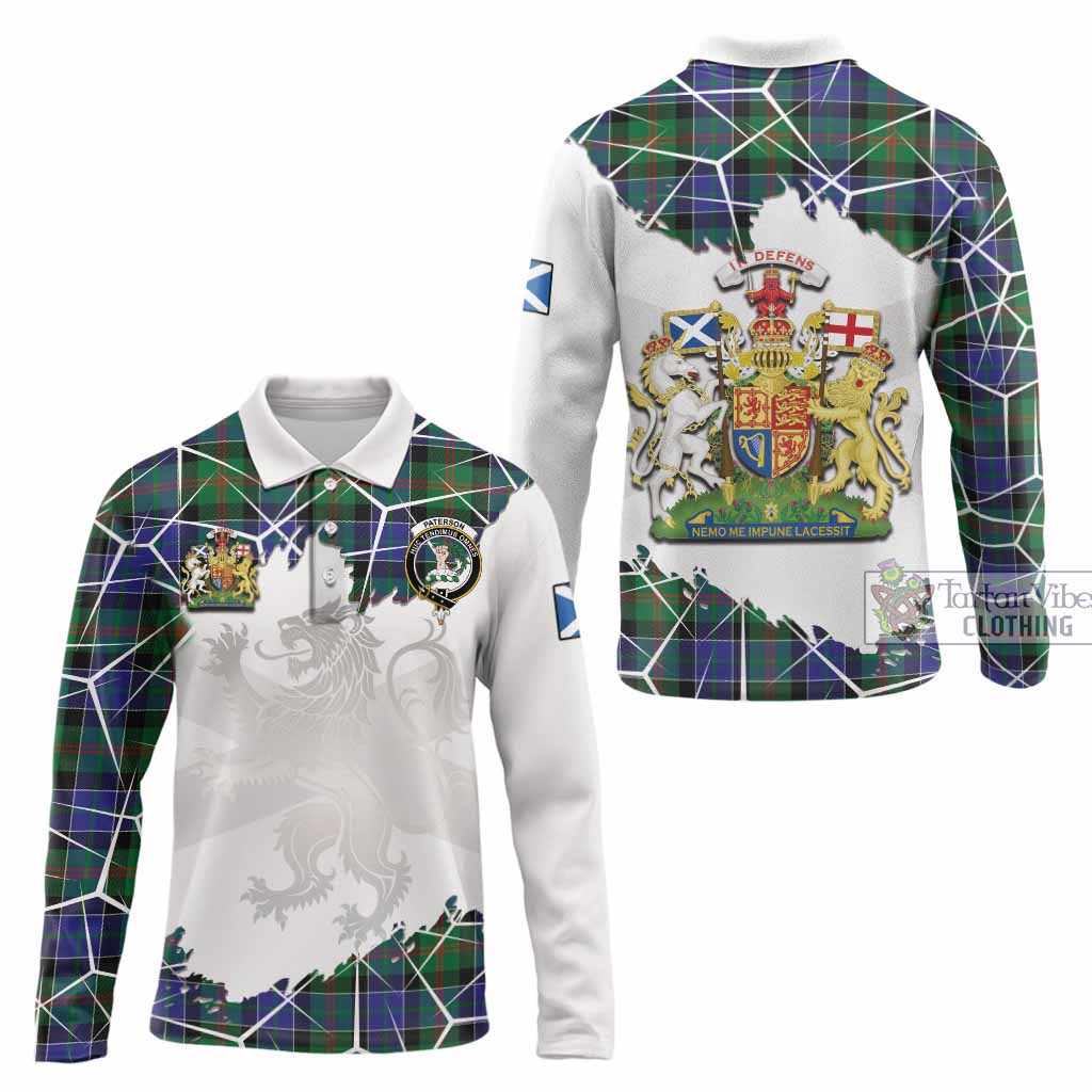 Paterson Tartan Long Sleeve Polo Shirt with Family Crest and Lion Rampant Grunge Style