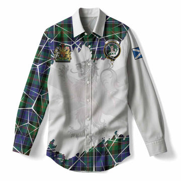 Paterson Tartan Women Casual Shirt with Family Crest and Lion Rampant Grunge Style