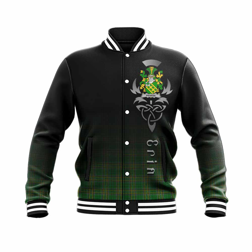 Tartan Vibes Clothing Pearse Irish Clan Baseball Jacket with Coat of Arms Erin Go Bragh Celtic Inspired