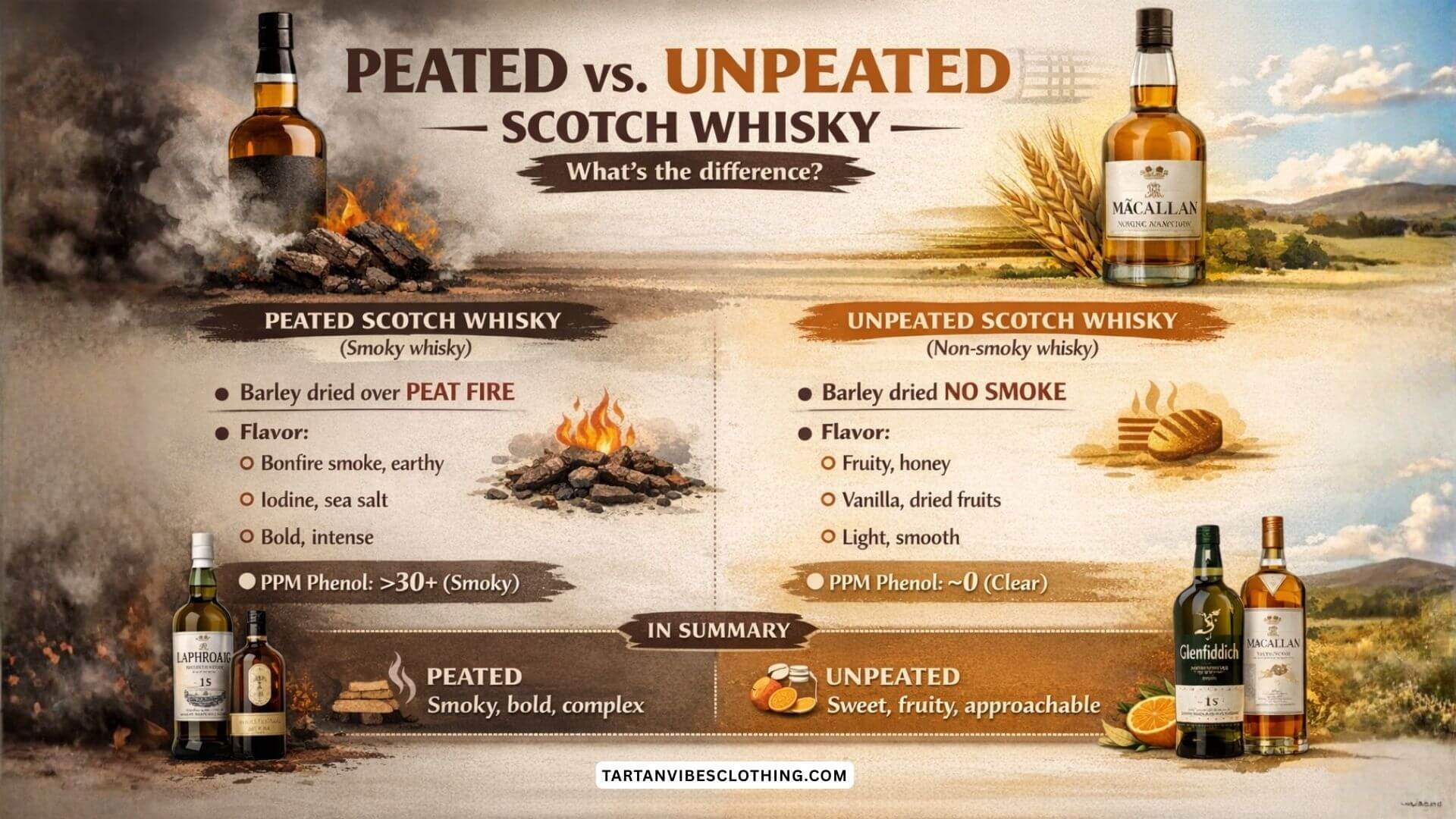 Peated vs unpeated Scotch whisky comparison infographic showing smoky and non smoky flavor differences