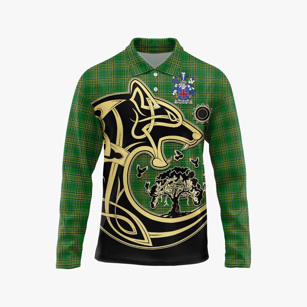 Pendleton Irish Tartan Long Sleeve Polo Shirt with Coat of Arms Celtic Wolf Style Unisex - Tartan Vibes Clothing