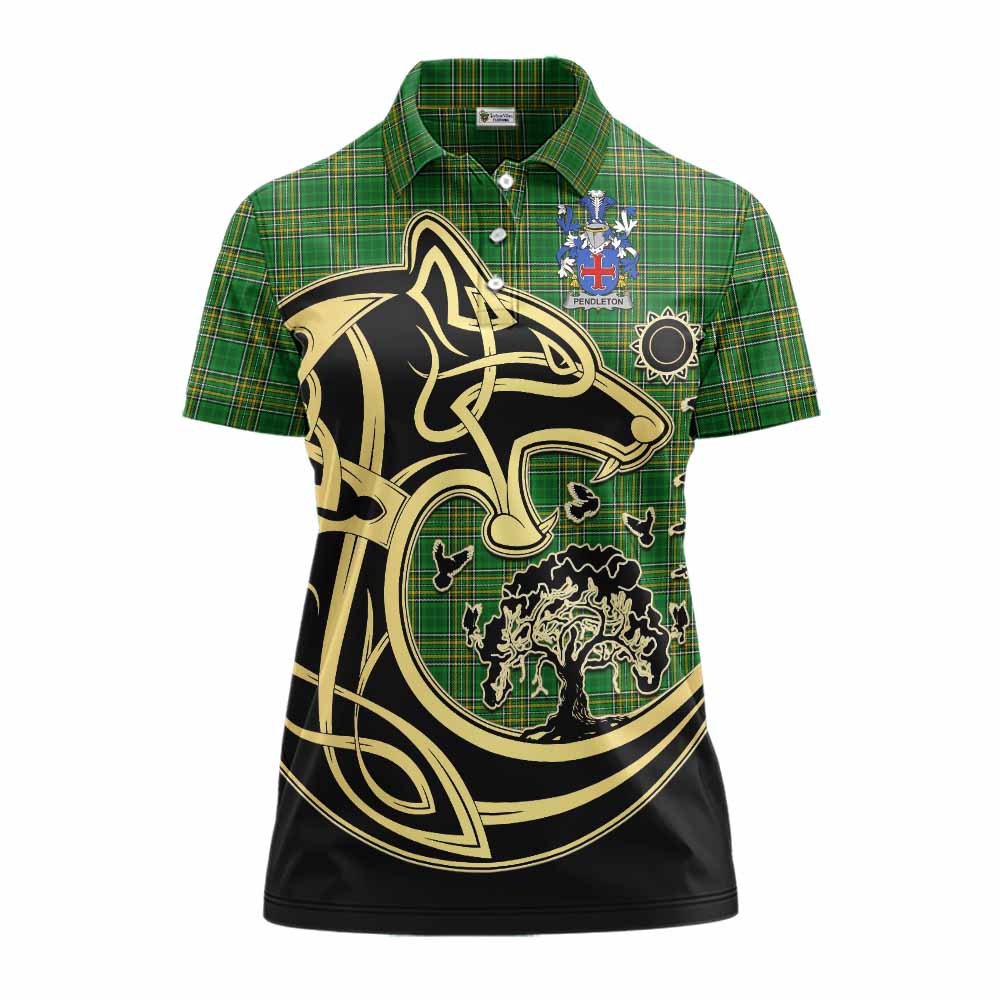 Pendleton Irish Tartan Women's Polo Shirt with Coat of Arms Celtic Wolf Style Women - Tartan Vibes Clothing