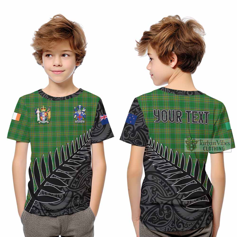 Tartan Vibes Clothing Pendleton Irish Clan Tartan Kid T-Shirt with Coat of Arms New Zealand Silver Fern Half Style