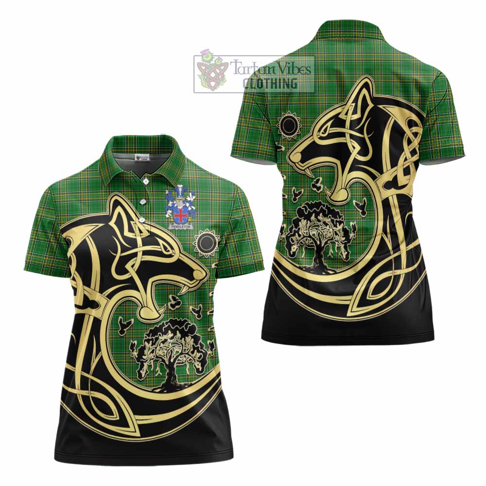 Pendleton Irish Tartan Women's Polo Shirt with Coat of Arms Celtic Wolf Style - Tartan Vibes Clothing