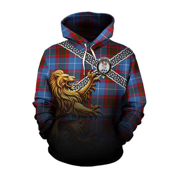 Tartan Vibes Clothing Pennycook Crest Tartan Cotton Hoodie with Golden Lion Emblem Celtic Style