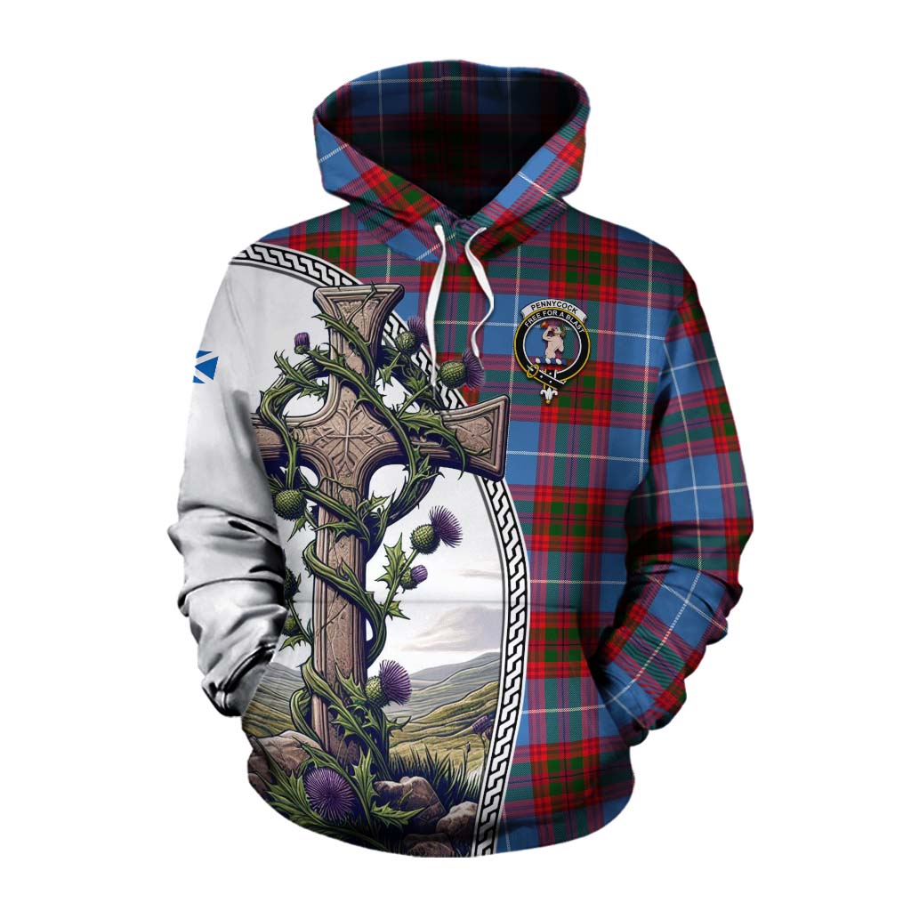 Tartan Vibes Clothing Pennycook Tartan Cotton Hoodie with Family Crest and St. Andrew's Cross Accented by Thistle Vines