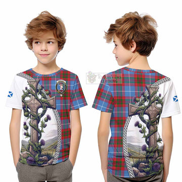 Pennycook Tartan Kid T-Shirt with Family Crest and St. Andrew's Cross Accented by Thistle Vines Youth XL Size14 - Tartan Vibes Clothing