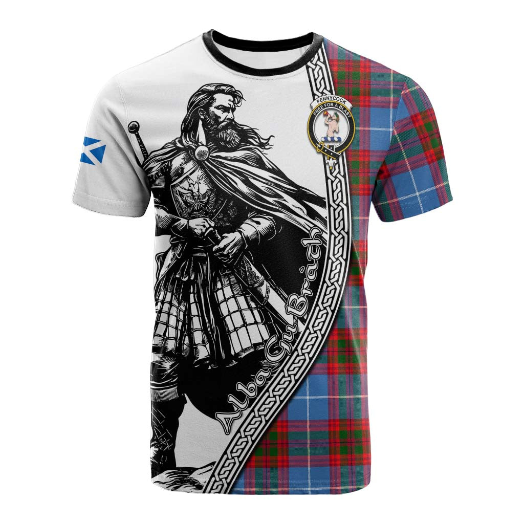 Pennycook Tartan Clan Crest Cotton T-shirt with Highlander Warrior Celtic Style