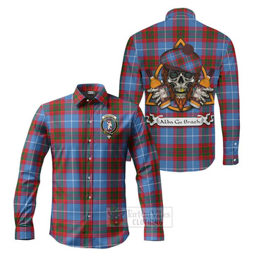 Pennycook Tartan Long Sleeve Button Shirt with Family Crest and Bearded Skull Holding Bottles of Whiskey Men's Shirt S - Tartan Vibes Clothing