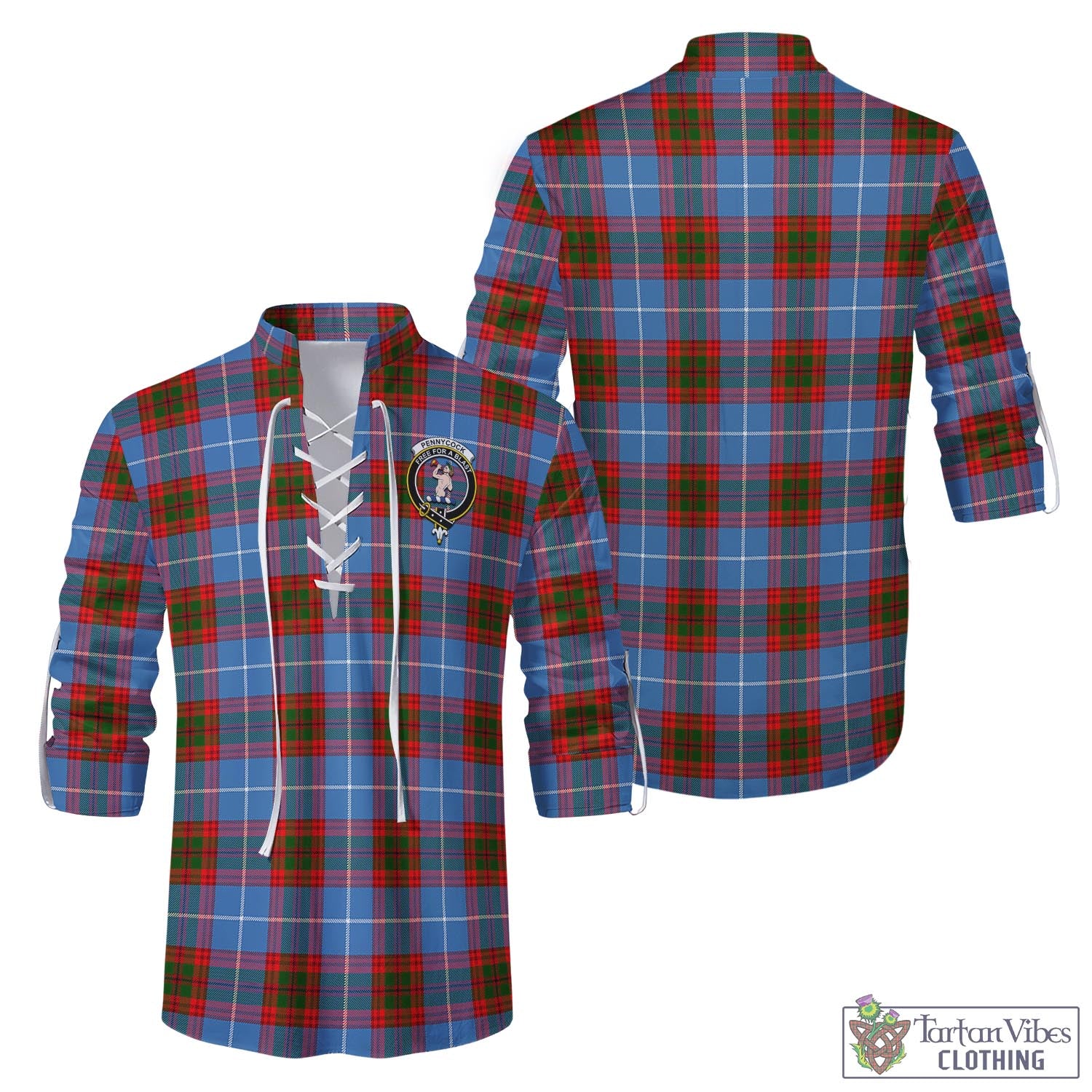 Tartan Vibes Clothing Pennycook Tartan Men's Scottish Traditional Jacobite Ghillie Kilt Shirt with Family Crest