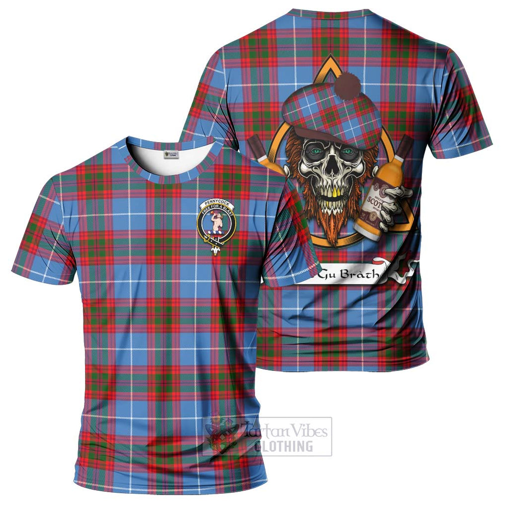 Tartan Vibes Clothing Pennycook Tartan T-Shirt with Family Crest and Bearded Skull Holding Bottles of Whiskey