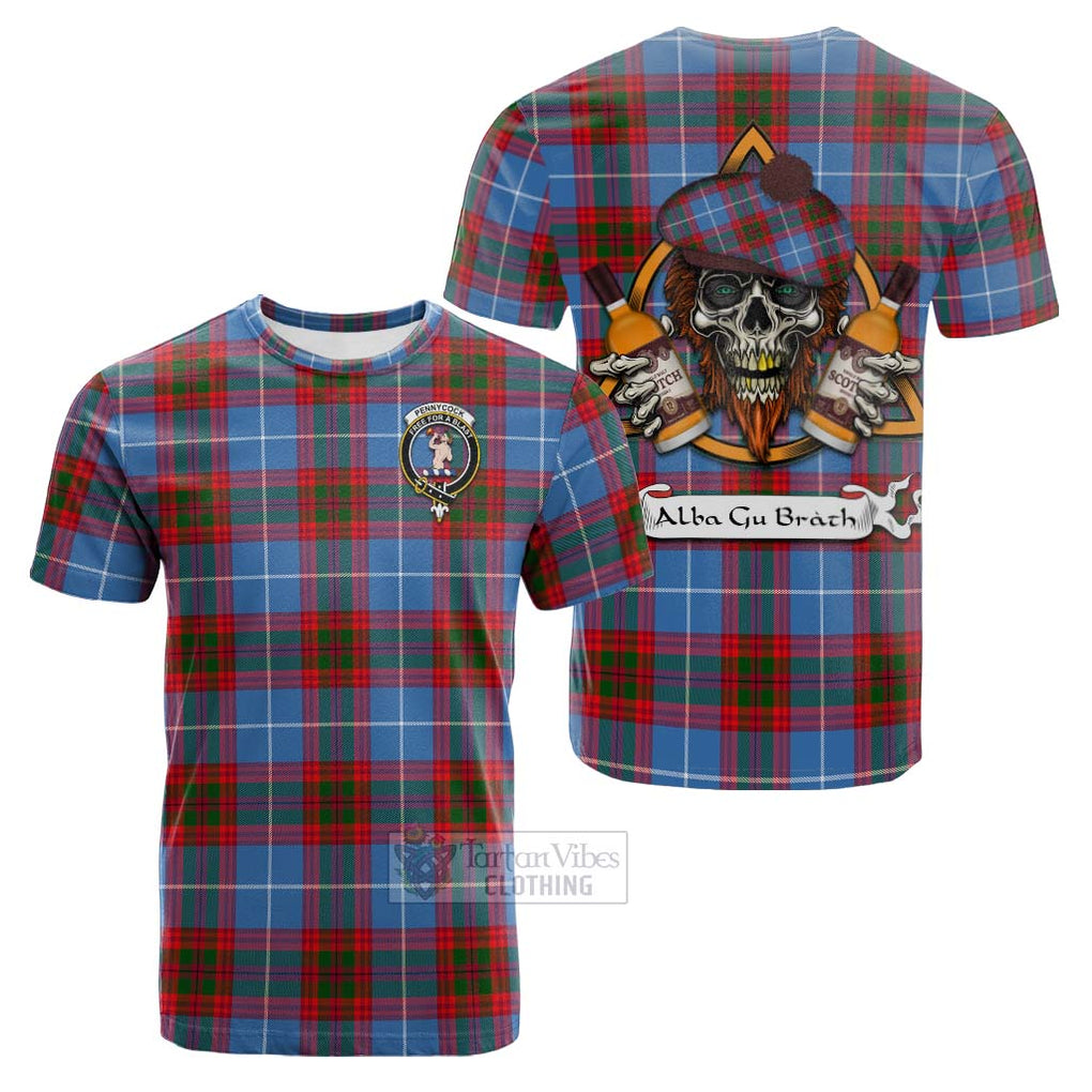 Tartan Vibes Clothing Pennycook Tartan Cotton T-shirt with Family Crest and Bearded Skull Holding Bottles of Whiskey