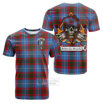 Tartan Vibes Clothing Pennycook Tartan Cotton T-shirt with Family Crest and Bearded Skull Holding Bottles of Whiskey