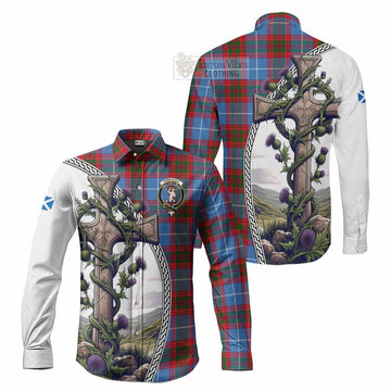 Pennycook Tartan Long Sleeve Button Shirt with Family Crest and St. Andrew's Cross Accented by Thistle Vines Men's Shirt S - Tartan Vibes Clothing