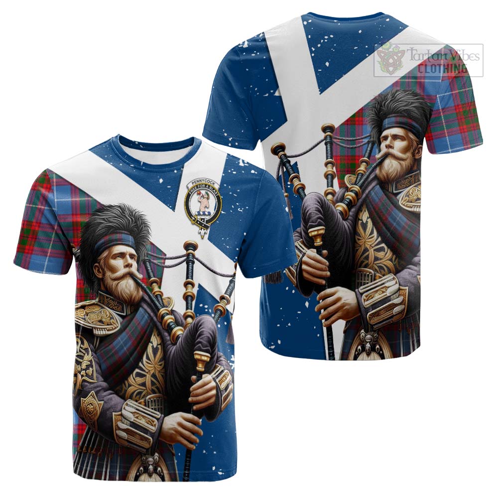 Tartan Vibes Clothing Pennycook Tartan Cotton T-shirt with Family Crest Scottish Bagpiper Vibes