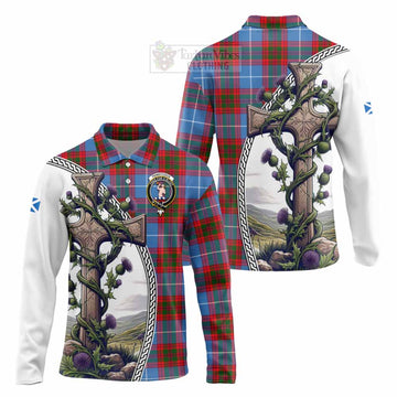 Pennycook Tartan Long Sleeve Polo Shirt with Family Crest and St. Andrew's Cross Accented by Thistle Vines Unisex - Tartan Vibes Clothing