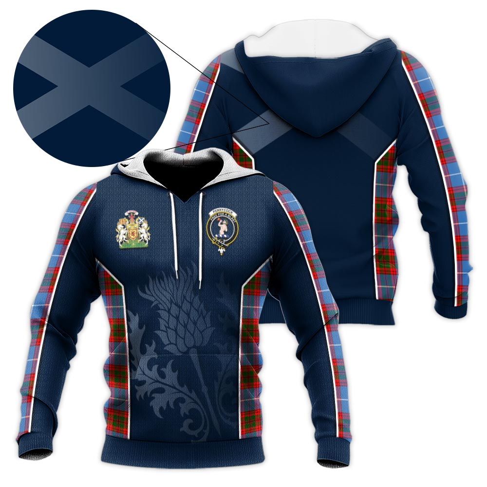 Tartan Vibes Clothing Pennycook Tartan Knitted Hoodie with Family Crest and Scottish Thistle Vibes Sport Style