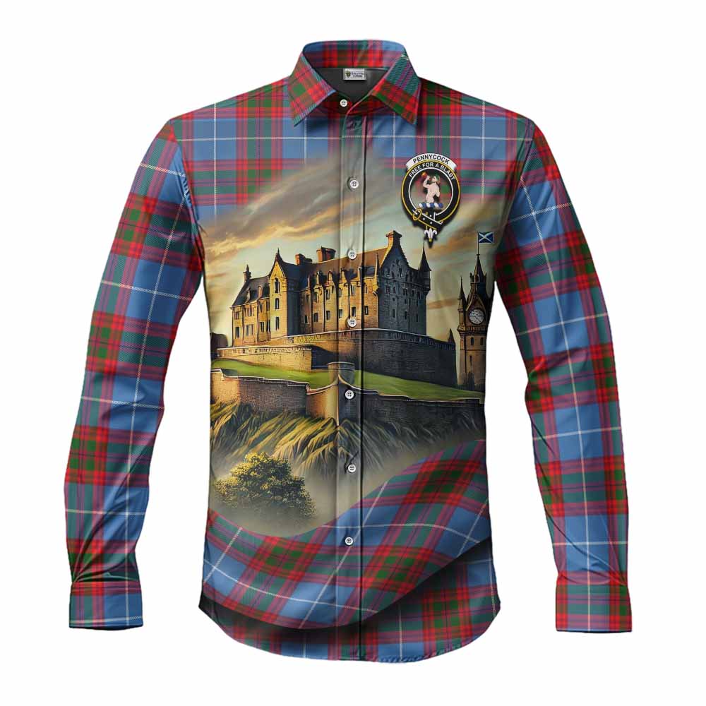 Tartan Vibes Clothing Pennycook Tartan Family Crest Long Sleeve Button Shirt with Scottish Ancient Castle Style