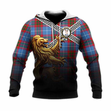 Tartan Vibes Clothing Pennycook Crest Tartan Knitted Hoodie with Golden Lion Emblem Celtic Style