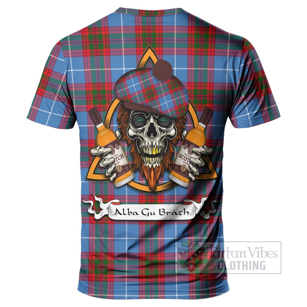 Tartan Vibes Clothing Pennycook Tartan T-Shirt with Family Crest and Bearded Skull Holding Bottles of Whiskey