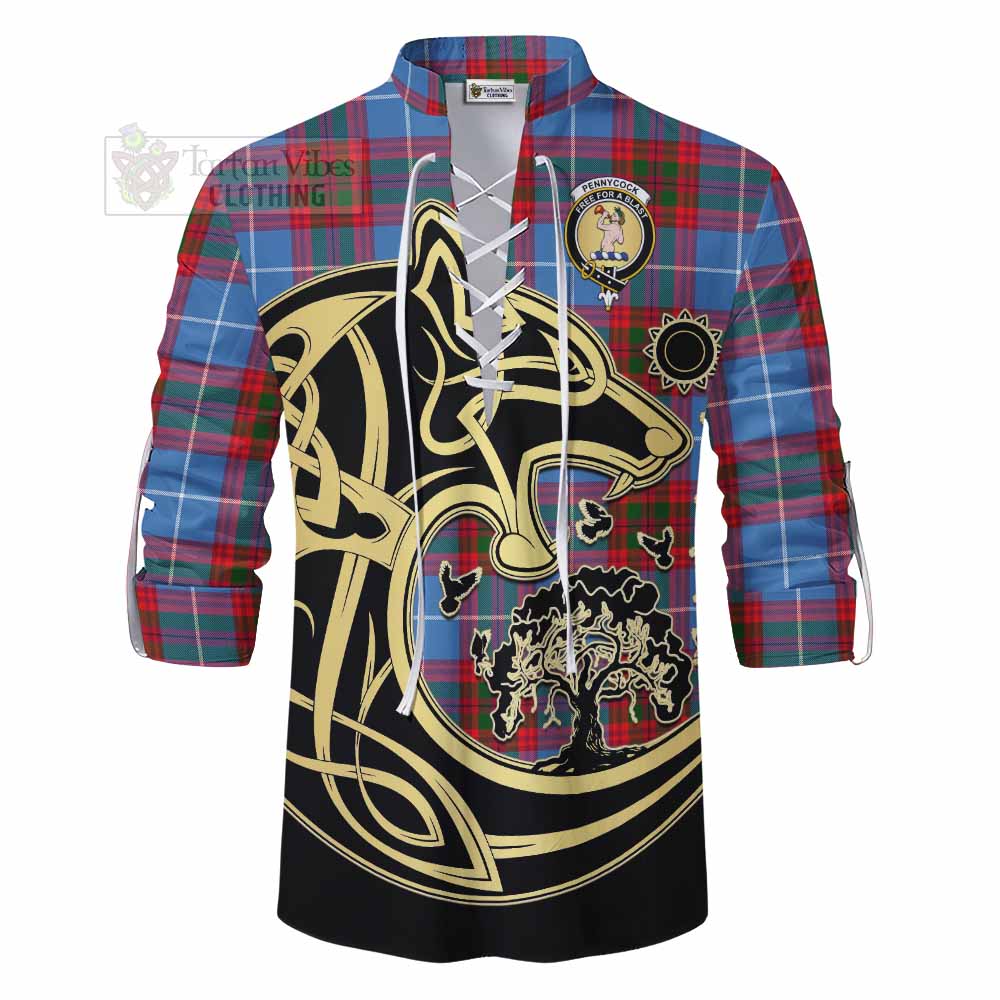 Pennycook Tartan Ghillie Kilt Shirt with Family Crest Celtic Wolf Style - Tartan Vibes Clothing