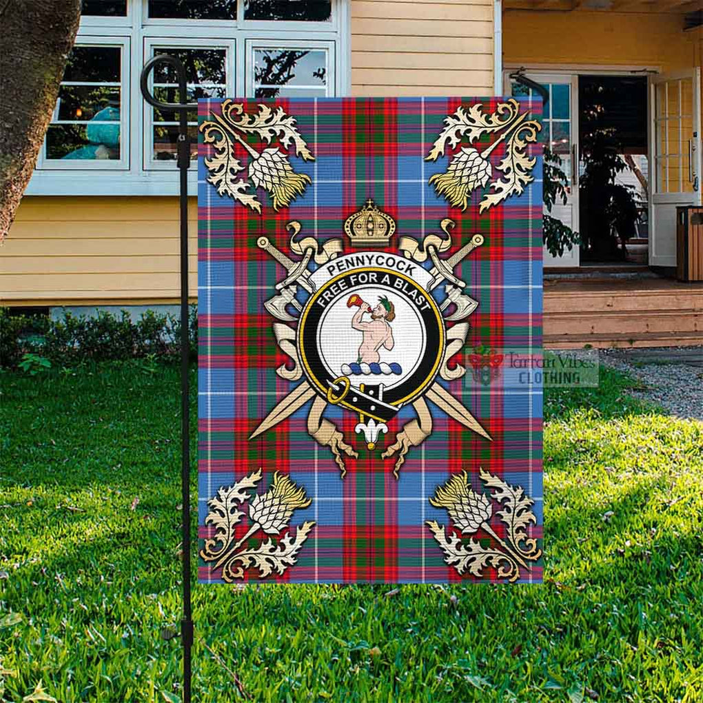 Tartan Vibes Clothing Pennycook Tartan Flag with Family Crest and Golden Thistle Crossed Sword Design