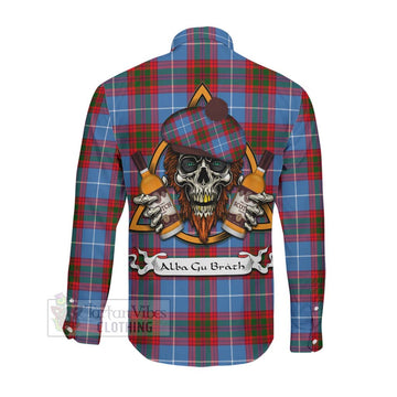 Pennycook Tartan Long Sleeve Button Shirt with Family Crest and Bearded Skull Holding Bottles of Whiskey Men's Shirt - Tartan Vibes Clothing