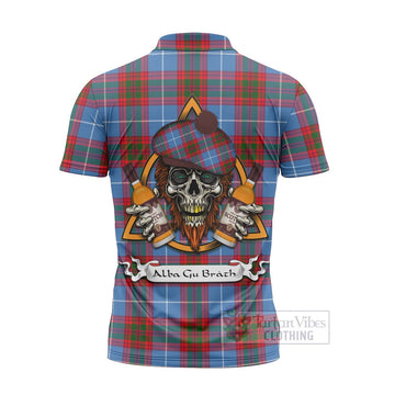 Pennycook Tartan Zipper Polo Shirt with Family Crest and Bearded Skull Holding Bottles of Whiskey - Tartan Vibes Clothing